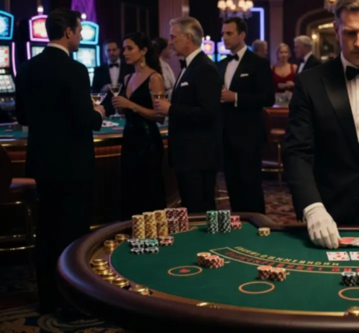 Elegancki stół do blackjacka w motywie Casino Royale z kartami i żetonami.