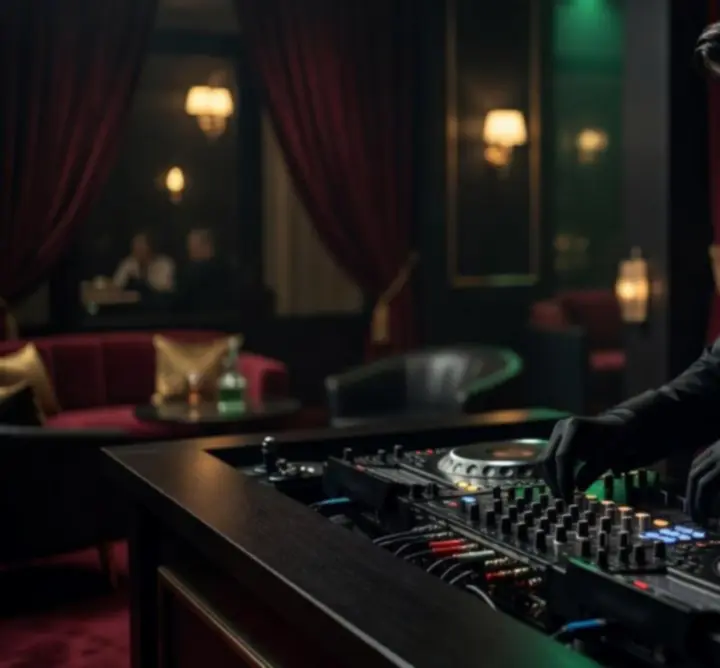 DJ przy nowoczesnej konsolecie w nastrojowym oświetleniu podczas wieczoru kasynowego