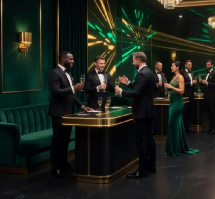Cinematyczna scena eventu kasynowego z gośćmi przy stołach do gry
