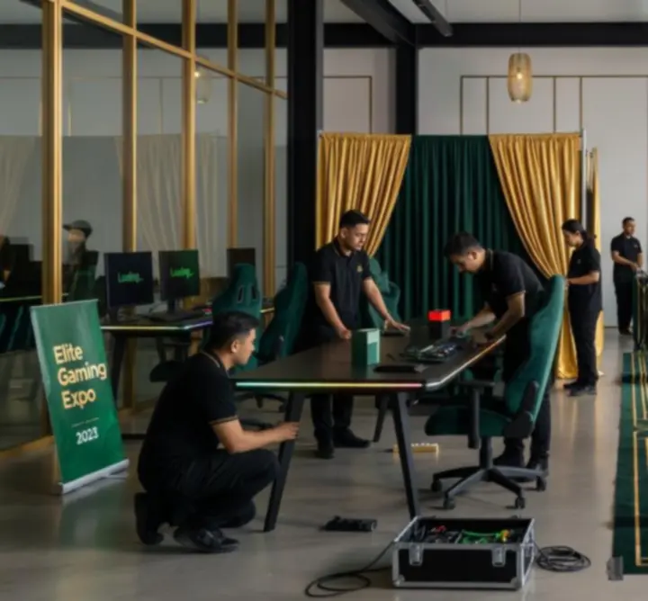 Ekipa techniczna montująca oświetlenie i aranżująca miejsce eventu