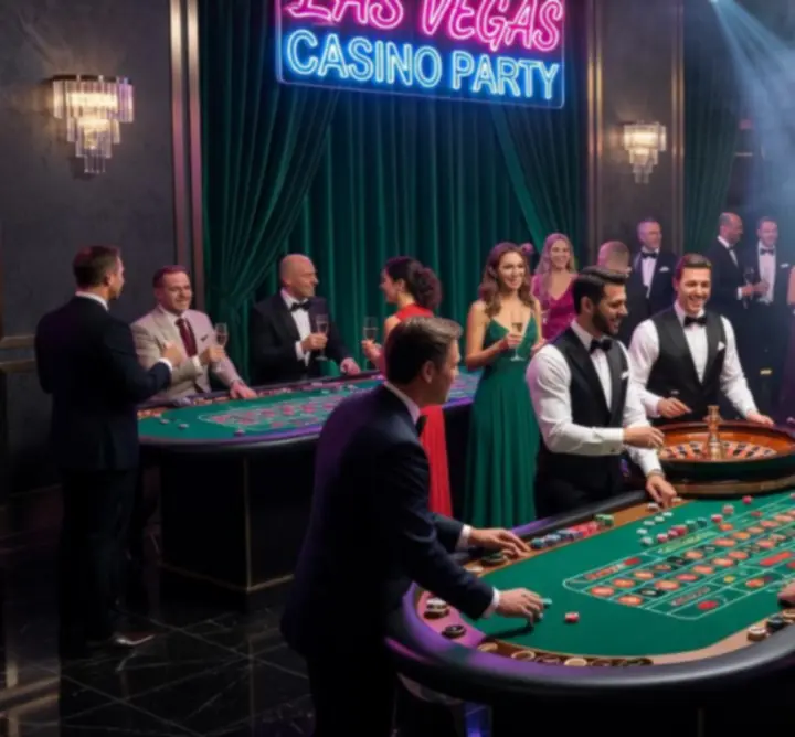 Kolorowe światła neonów i stoły kasynowe w motywie Las Vegas Night.